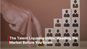 A hand steps up a staircase of wooden blocks printed with people icons, illustrating workforce growth and leadership tiers in talent liquidity.